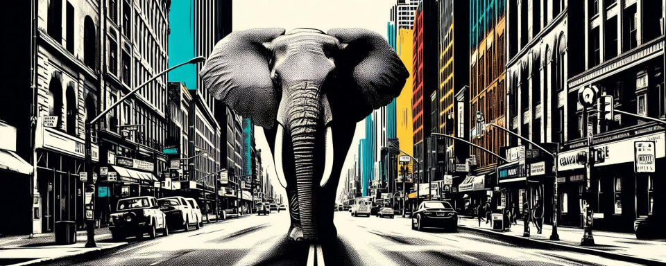 an elephant walking down an urban city street